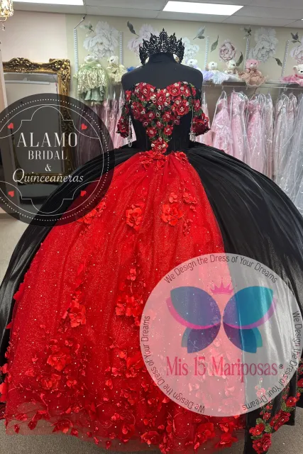 charra bella red and black quinceanera dress